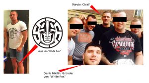 Kevin Graf (links) mit einem Tattoo des Logos von "White Rex", rechts: Graf und Denis Nikitin in Köln